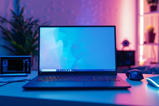 Laptop Mockup on a White Desk with Gaming Mouse for an Optimal Gaming Experience photo