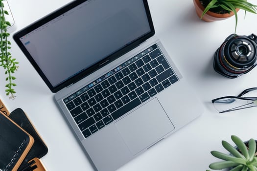 Overhead   of Laptop Mockup Background on a White Desk with   and   Aesthetic photo
