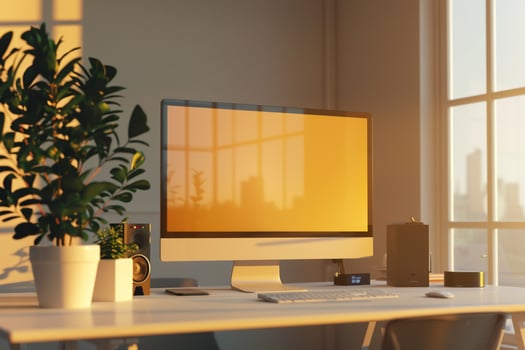 Desktop Computer Mockup on White Desk with Office Supplies and Equipment photo