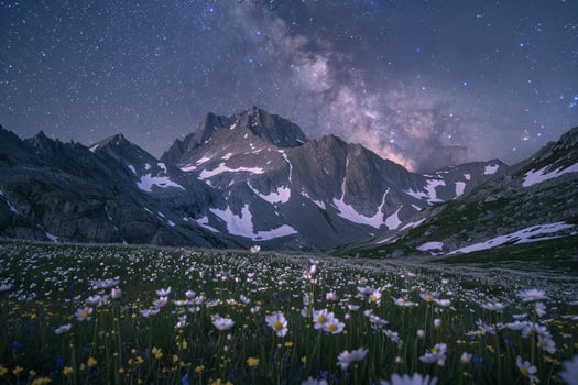 Alpine Peak with Wildflowers Under Starry Night Sky photo