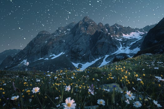Alpine Peak with Wildflowers and Starry Night photo