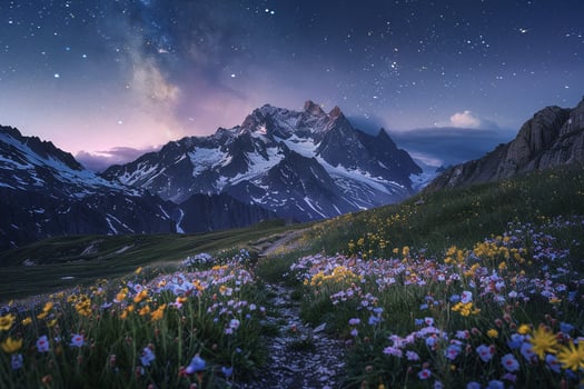Alpine Peak with Wildflowers and Starry Night Sky Over a Majestic Mountain photo