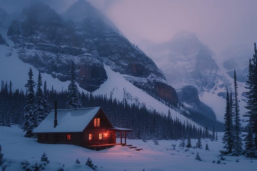 Cozy Mountain Cabin Cradled in Snow Covered Peaks of the Canadian Rockies photo