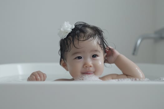 Baby Having a Blast at Bath Time Splashing Water and Showing Excitement photo