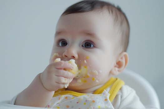 Baby Delighting in First Foods Making a Mess and Exploring New Tastes photo