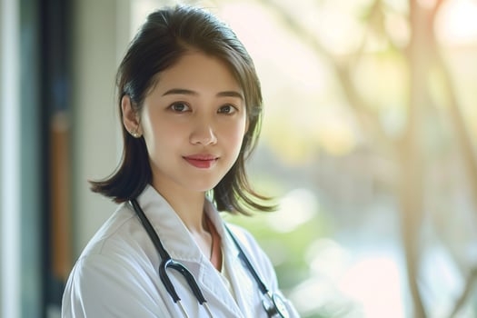 Female Doctor in Neutral Light Exhibiting Professionalism and Compassion photo