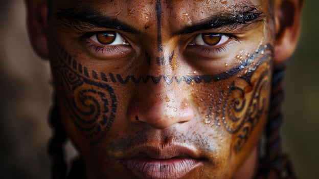 Close-up portrait of a young Maori male warrior with traditional face paint. photo