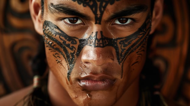 Close-up portrait of a young Maori male warrior with traditional face paint. photo