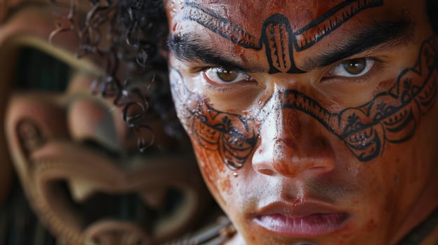 Close-up portrait of a young Maori male warrior with traditional face paint. photo