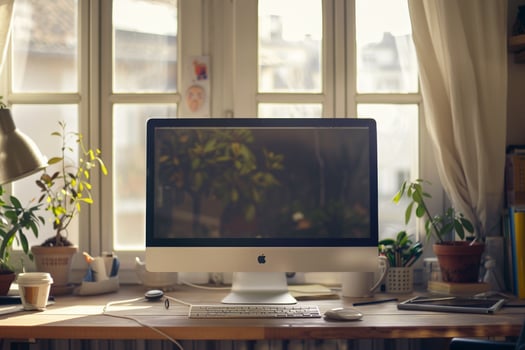 Desktop Computer Mockup Featuring a Natural Wood Top and Daylight for a Chic and Contemporary Office Space photo
