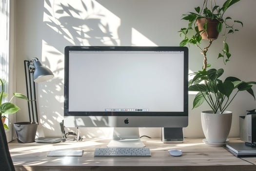 Desktop Computer Mockup with Natural Wood Top and Daylight in a   and Stylish Office Environment photo