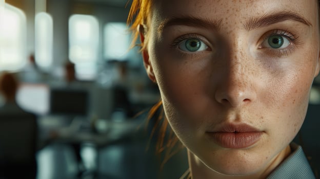 Close-up portrait of a young Polish female manager with a warm smile and bright green eyes, standing in a modern office environment. photo
