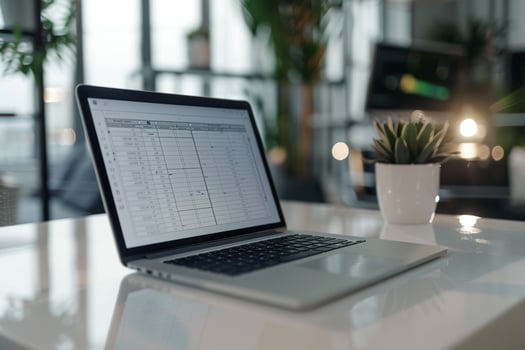 Laptop Mockup Displaying a  Spreadsheet on a White Desk in a Corporate Office photo