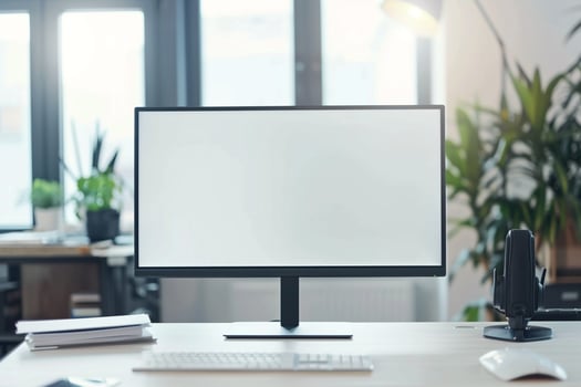 Computer Mockup with Corporate Documents on White Desk photo