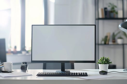 Computer Mockup with Corporate Documents on White Desk photo