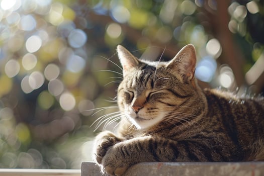 Tabby Cat Relaxing in a Sunny Balcony Spot Enjoying the Warmth and Comfort of a  and Serene photo