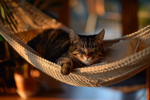 Tabby Cat Resting Comfortably in a Cozy Hammock Enjoying a Peaceful and Relaxing Nap photo