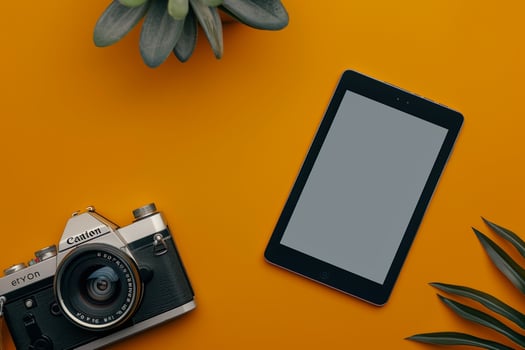 Mustard   Tablet Mockup with Vintage Camera and  Screen Setup photo
