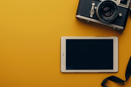 Vintage Camera with Tablet Mockup on Mustard  Background and  Screen photo