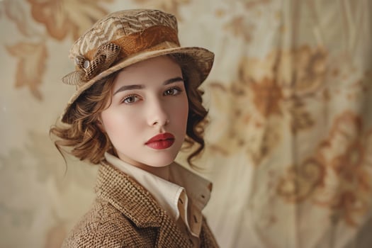 Woman in Retro Clothing with Cream ed Background Portrait photo