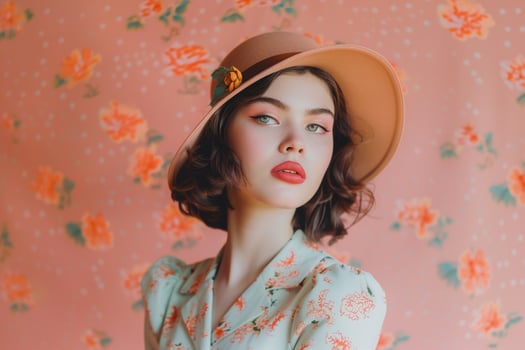 Woman in Nostalgic Retro Clothing with Peach Background photo