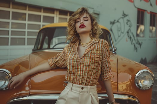 Retro Clothing Woman with Vintage Car Background Portrait photo