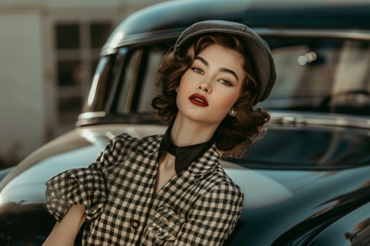 Woman in Retro Clothing with Vintage Car Background photo