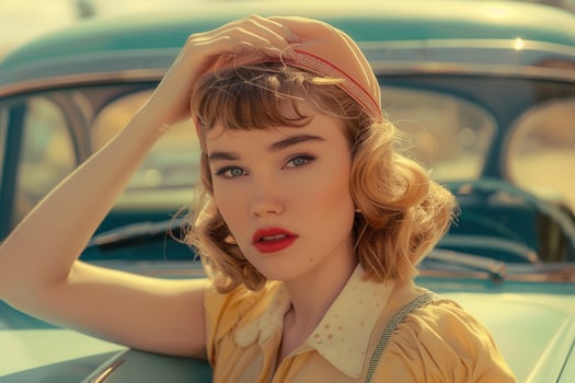 Vintage Car Background Retro Clothing Fashion Portrait of Woman photo