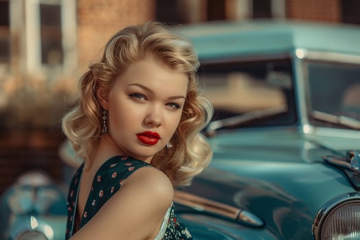 Retro Clothing Woman with Classic Vintage Car Background Portrait photo