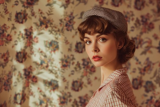 Woman in Retro Clothing with Retro Wallpaper Background photo