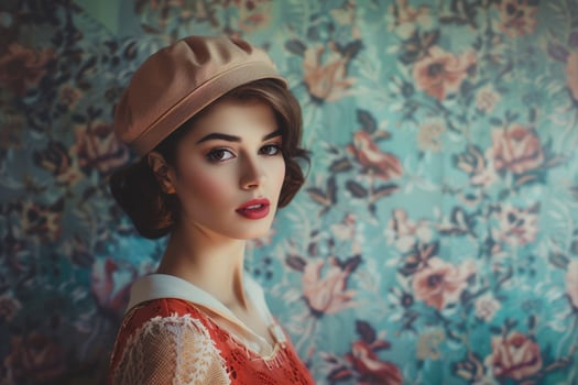 Studio Portrait of Woman in Retro Clothing with Vintage Wallpaper Background photo