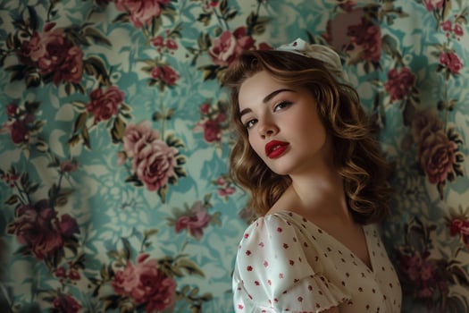 Vintage Retro Wallpaper Background with Woman in Retro Clothing photo