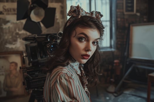 Studio Portrait of Woman in Retro Clothing with  Film Set Background photo