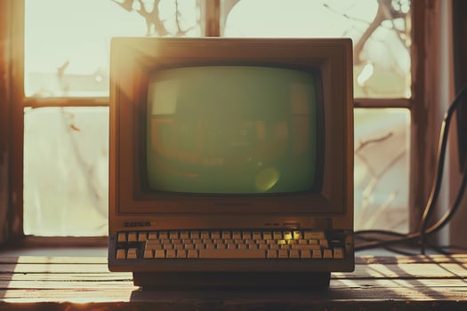 Retro Style Desktop Computer Mockup with Wooden Brown Top Nature photo