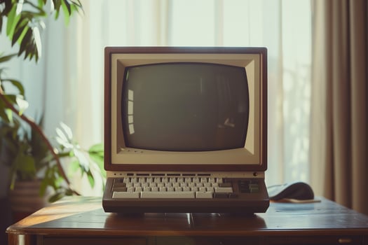 Retro Desktop Computer with Wooden Brown Top Mockup Nature photo