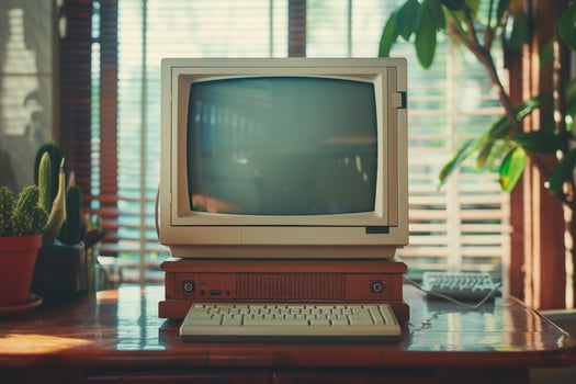 Vintage Retro Desktop Computer Mockup with Wooden Top Nature photo