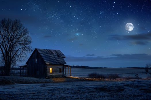 Farmhouse with Starry Night Sky and Full Moon photo