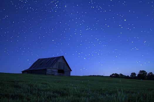 Barn in Green Meadow with Starry Night and  Sky photo
