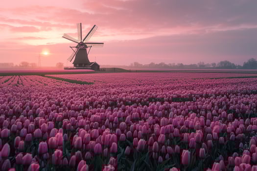 Traditional Dutch Windmill with Tulip Fields in Countryside photo