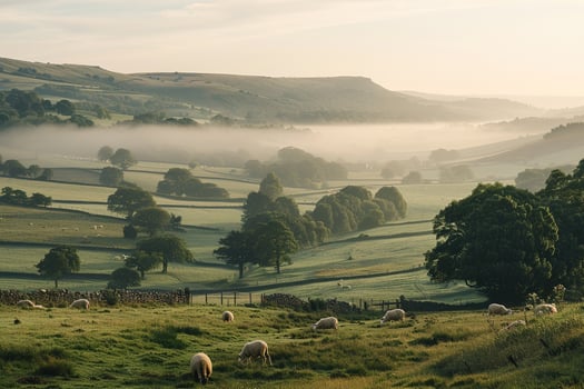 Tranquil Countryside with Rolling Hills and Grazing Sheep photo