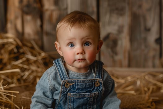 Baby in Denim OverallsRustic Brown Background photo