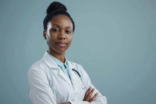 Female Doctor with Serene Expression Light Background photo