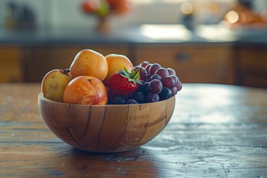 Fresh Fruits in Wooden Bowl on Rustic Table photo