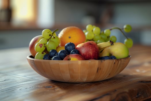 Wooden Bowl Filled with Fresh Fruits on Table photo