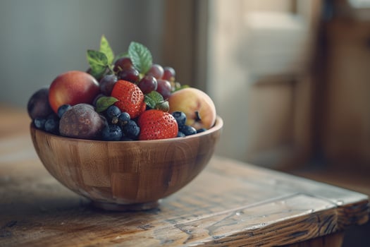 Fresh Fruits in Wooden Bowl on Wooden Table photo