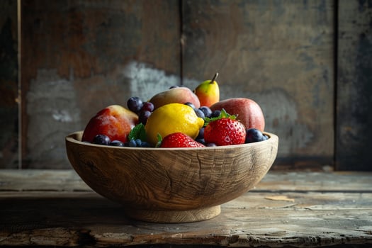 Wooden Bowl with Fresh Fruits on Rustic Table photo