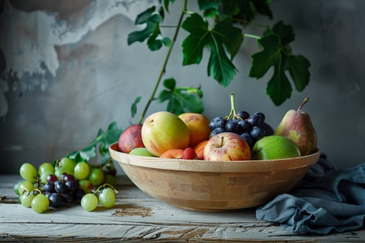 Rustic Table with Wooden Bowl and Fresh Fruits photo
