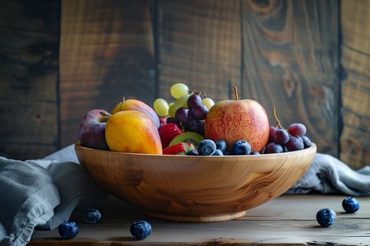 Fresh Fruits in Wooden Bowl on Rustic Table photo