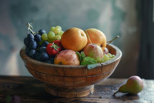 Wooden Bowl with Fresh Fruits on Rustic Table photo