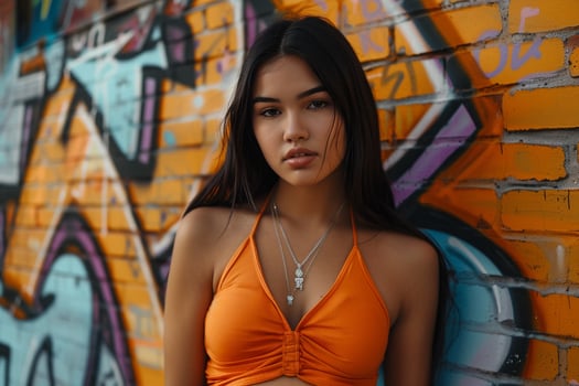 Trendy Streetwear Model with Graffiti Wall Background photo